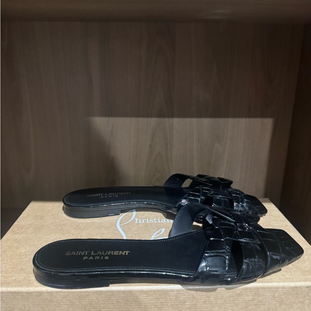 Saint Laurent Tribute Mules in Crocodile Embossed Leather